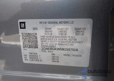 2021 Chevrolet Traverse Lt Cloth from USA, damaged, VIN 1GNERGKW5MJ167516